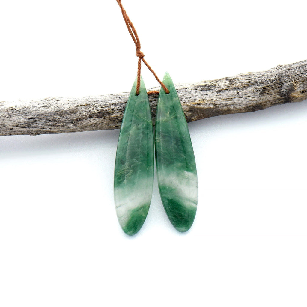 Natural African Green Jade Earring Drilled Gemstone Teardrop Matched Bead Pair OP2526