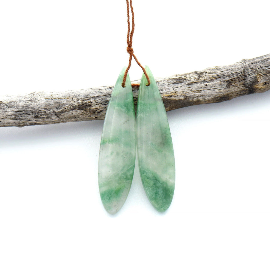 Natural African Green Jade Earring Drilled Gemstone Teardrop Matched Bead Pair OP2528