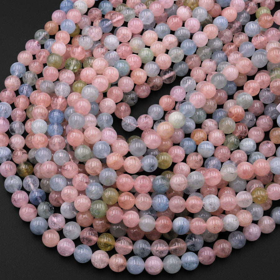 Translucent Natural Blue Aquamarine Pink Morganite Round Beads 6mm 8mm Multicolor Beryl Gemstone 15.5" Strand