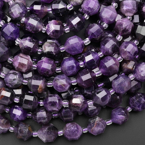 Natural Purple Amethyst 10mm Beads Faceted Energy Prism Double Point Gemstone 15.5" Strand