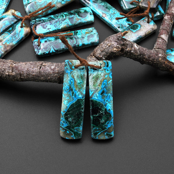 Rare Natural Shattuckite Earring Pair Rectangle Matched Gemstone Beads Chrysocolla Azurite Malachite From Congo A1
