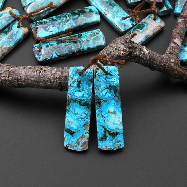 Rare Natural Shattuckite Earring Pair Rectangle Matched Gemstone Beads Chrysocolla Azurite Malachite From Congo A2