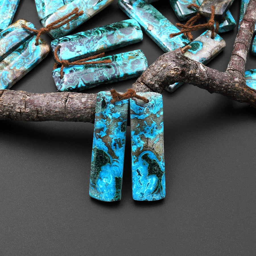 Rare Natural Shattuckite Earring Pair Rectangle Matched Gemstone Beads Chrysocolla Azurite Malachite From Congo A3
