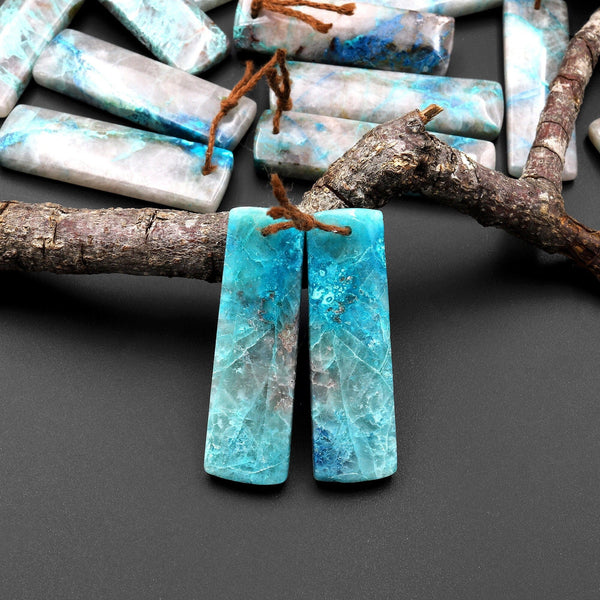 Rare Natural Chrysocolla in Quartz Rectangle Earring Pair Matched Cabochon Gemstone Beads A2