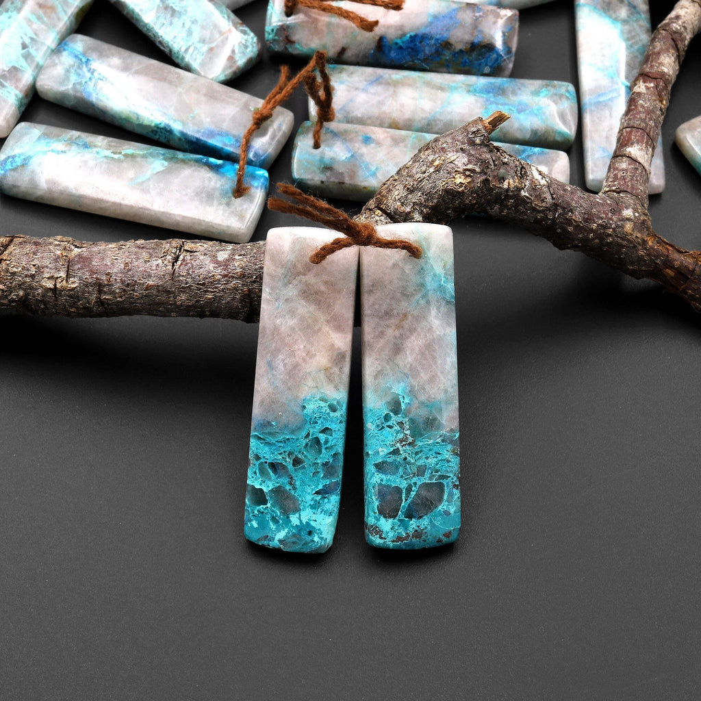 Rare Natural Chrysocolla in Quartz Rectangle Earring Pair Matched Cabochon Gemstone Beads A3