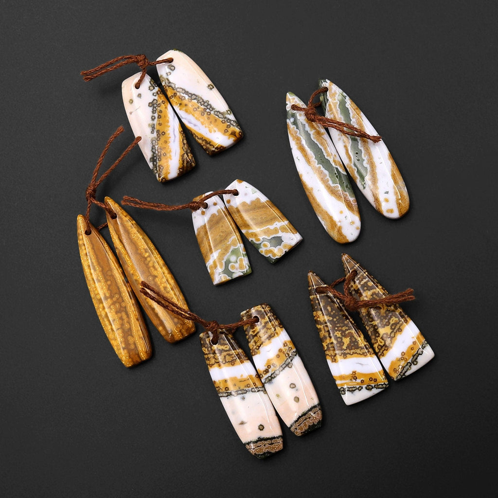 6 Pairs Natural Golden Yellow Green Ocean Jasper Earring Pair Matched Gemstone Beads E0148