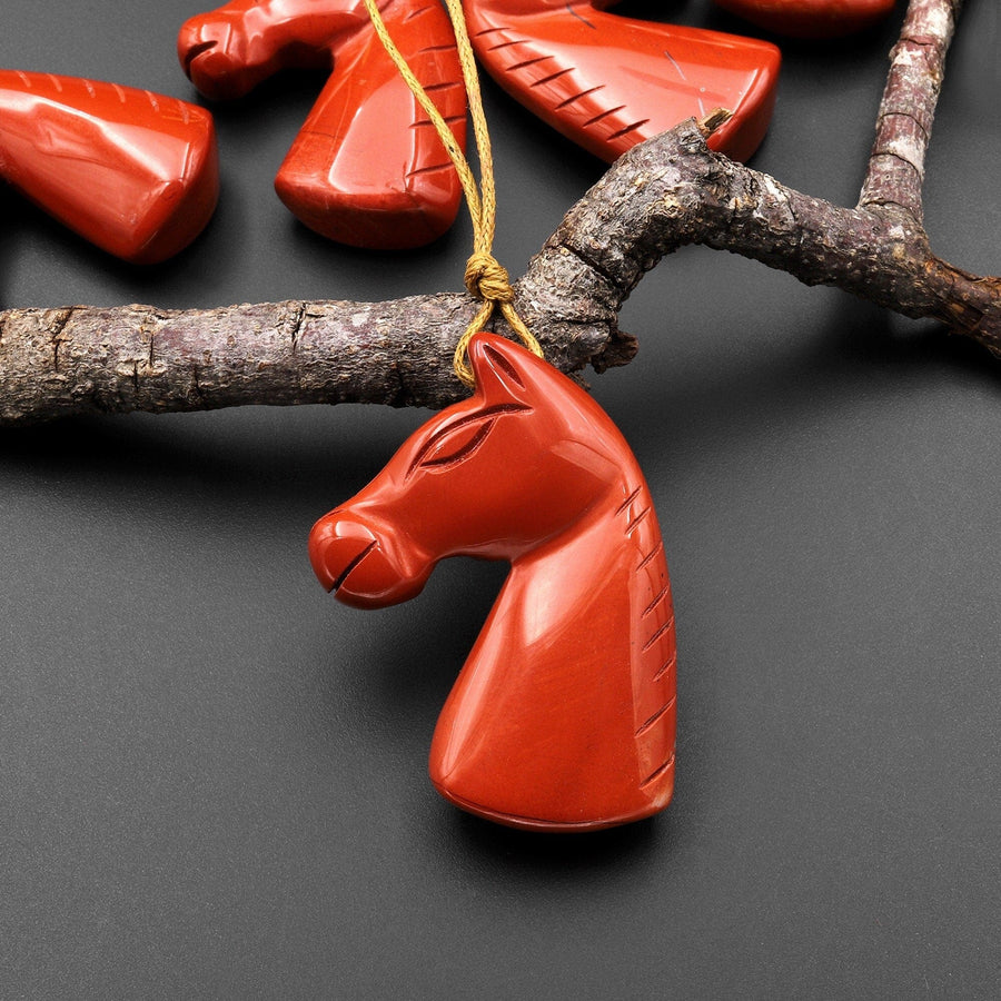 Hand Carved Natural Red Jasper Horse Head Pendant Gemstone Focal Bead A1