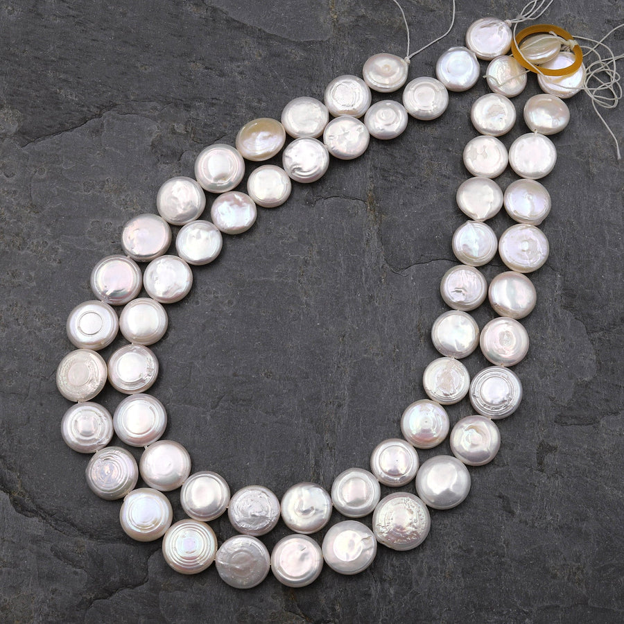Natural White Coin Pearl Iridescent 13mm 15.5" Strand