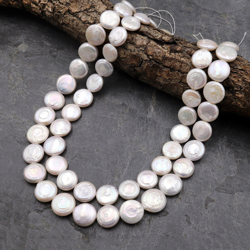 Natural White Coin Pearl Iridescent 13mm 15.5" Strand