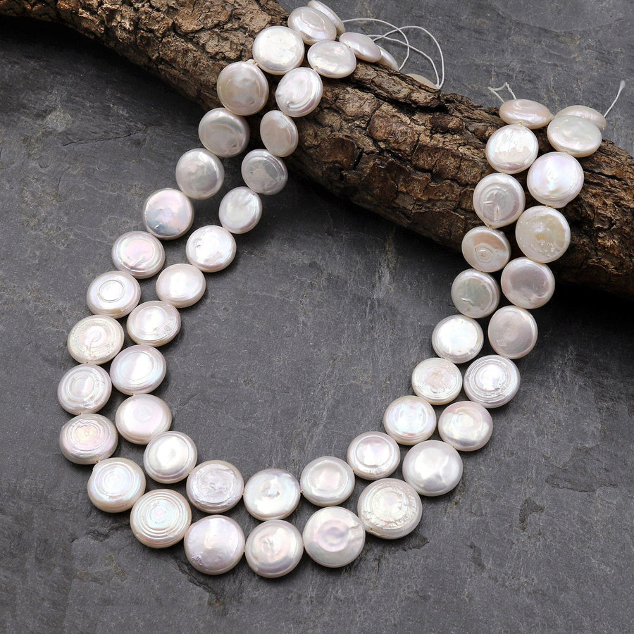 Natural White Coin Pearl Iridescent 13mm 15.5" Strand