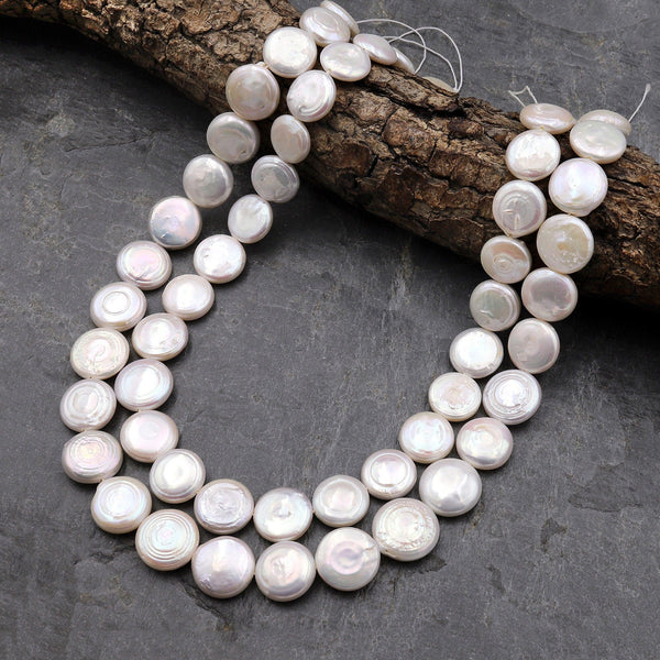 Natural White Coin Pearl Iridescent 13mm 15.5" Strand