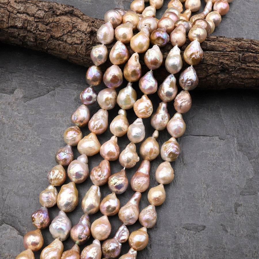 Genuine Freshwater Pearl Ming Pearl Fireball Flameball Pearl Large Iriescent Pink Peach Mauve Purple Golden Apricot Gold 15.5" Strand