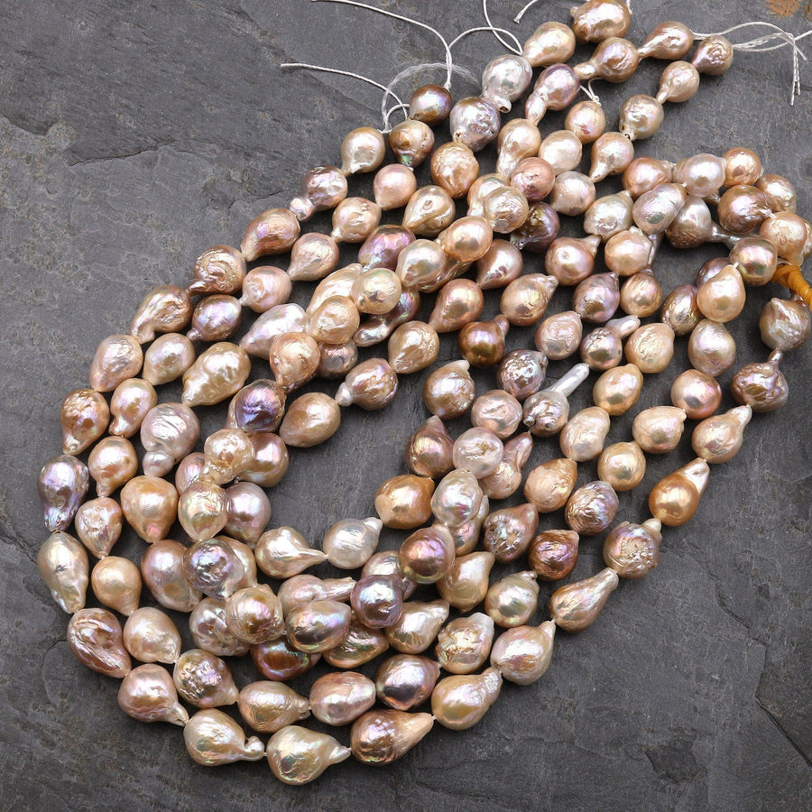 Genuine Freshwater Pearl Ming Pearl Fireball Flameball Pearl Large Iriescent Pink Peach Mauve Purple Golden Apricot Gold 15.5" Strand