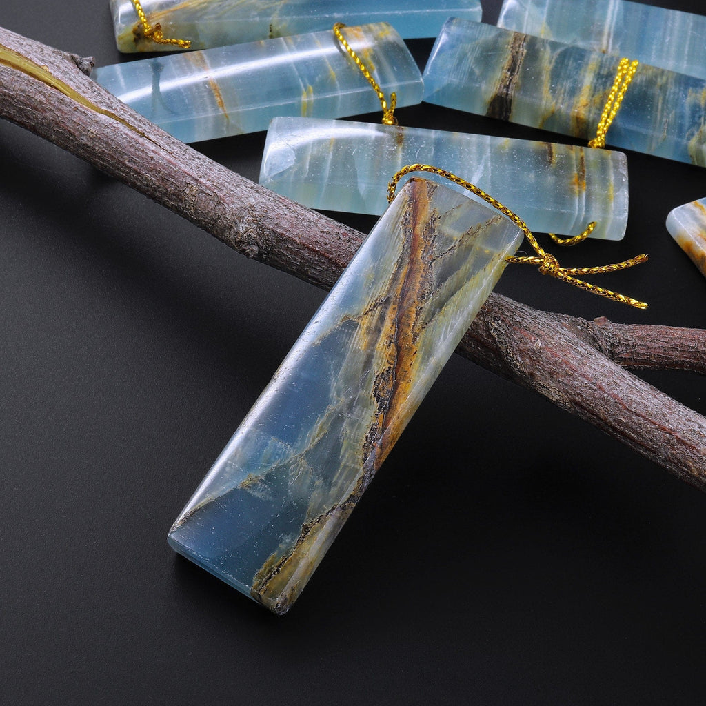 Natural Argentina Lemurian Aquatine Blue Calcite Pendant Golden Brown Matrix Rectangle Side Drilled Gemstone A4
