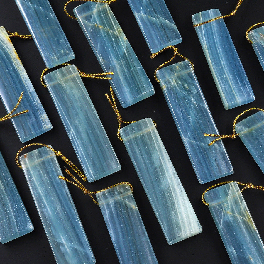 Natural Argentina Lemurian Aquatine Blue Calcite Pendant Rectangle Side Drilled Gemstone