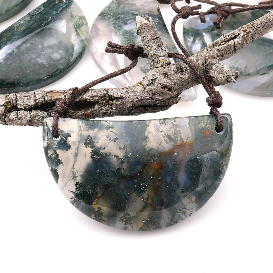 2 Hole Pendant Natural Green Moss Agate Half Circle Moon Pendant A2