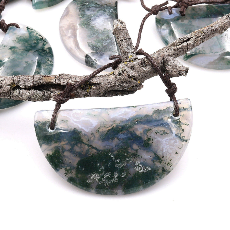 2 Hole Pendant Natural Green Moss Agate Half Circle Moon Pendant A5