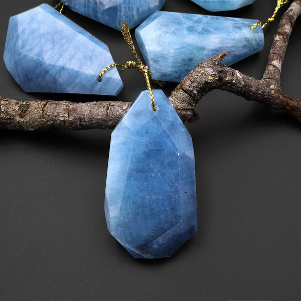 Large Hand Cut Faceted Natural Blue Aquamarine Long Nugget Pendant Gemstone Focal Bead