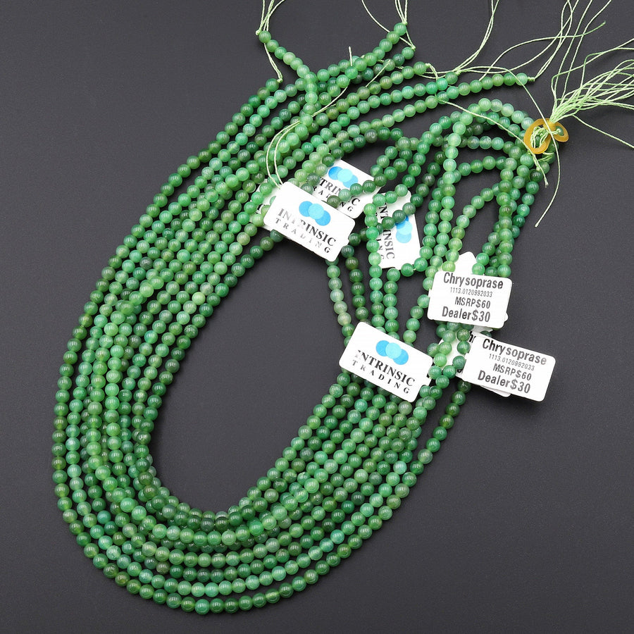Natural Australian Green Chrysoprase 4mm 5mm Smooth Round Beads Rich Forest Green Color 15.5" Strand