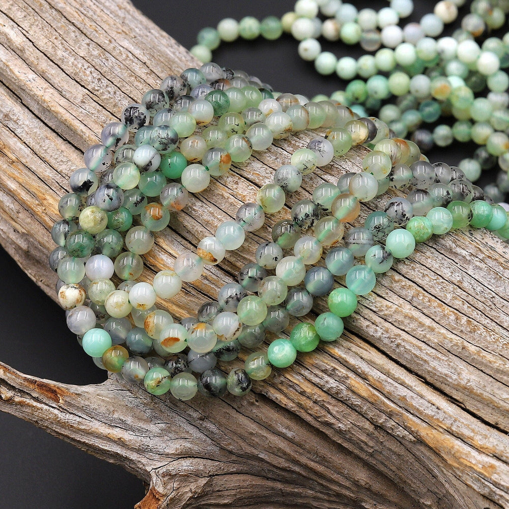 7 Strands Natural Australian Green Chrysoprase 4mm Smooth Round Beads Dendritic Matrix 15.5"