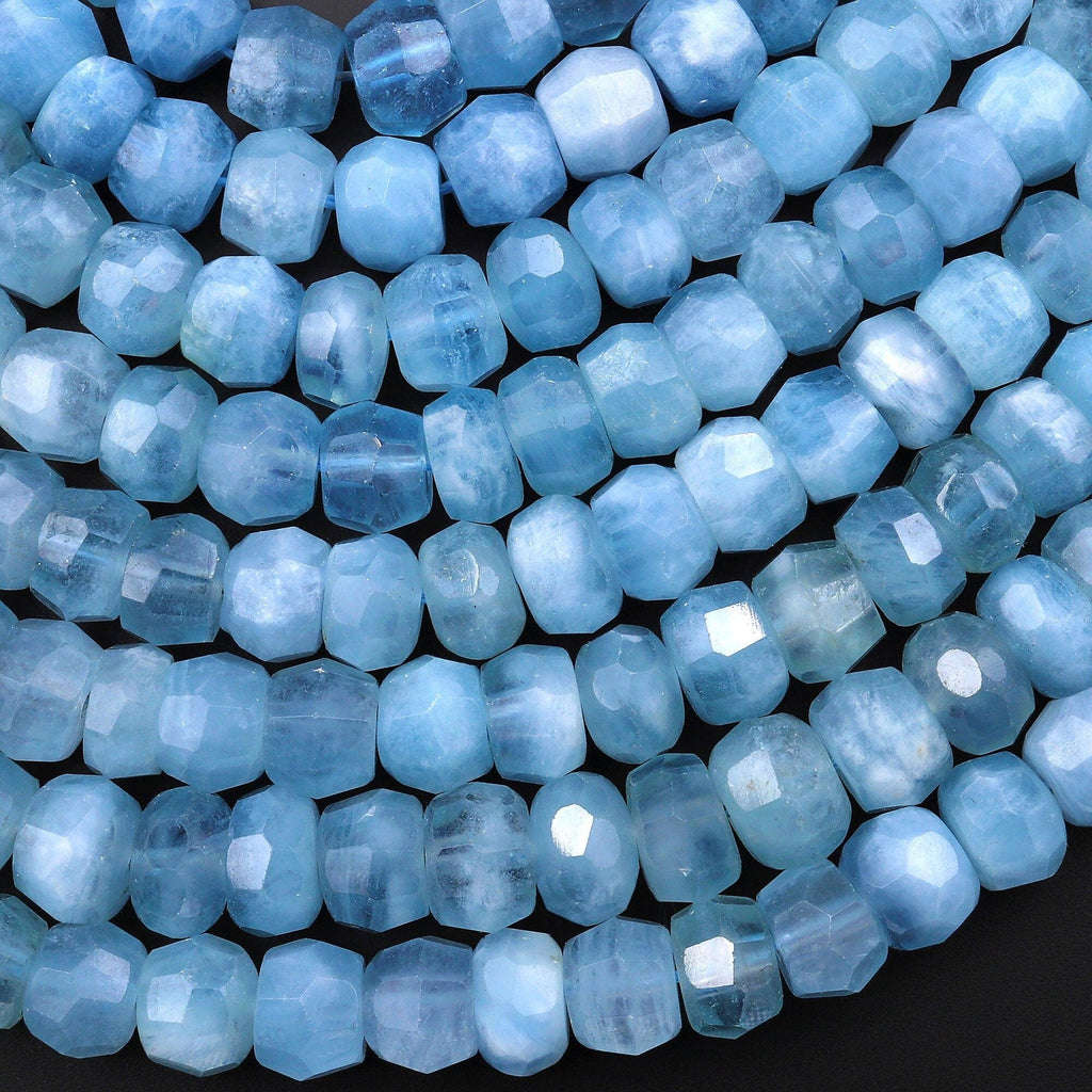 AAA Translucent Faceted Natural Santa Maria Blue Aquamarine Faceted Rondelle Wheel 8mm Beads 15.5" Strand