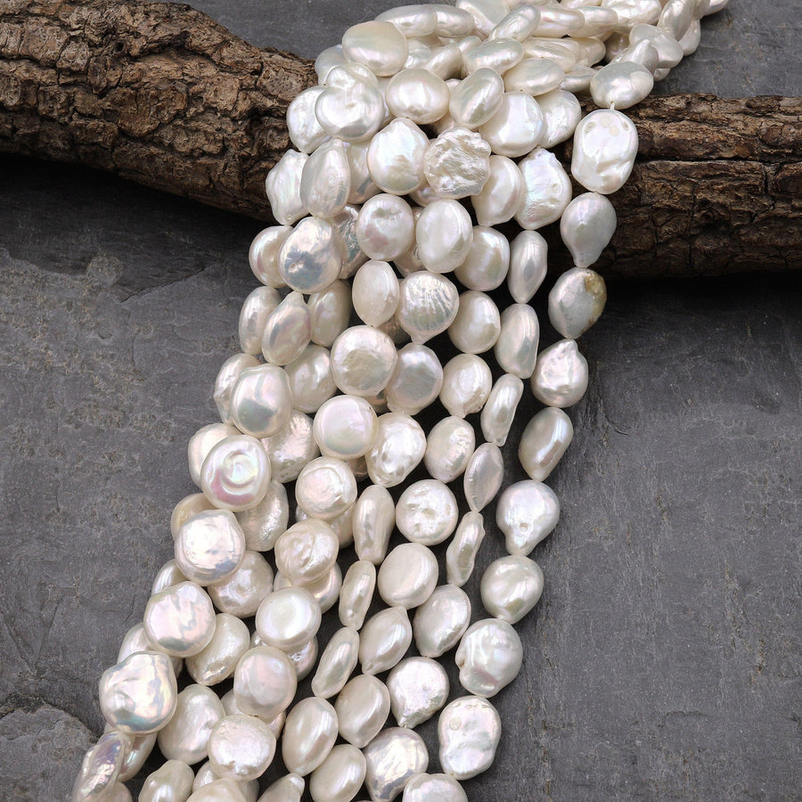 Natural White Coin Pearl 12mm Iridescent Real Genuine Freshwater Pearls 15.5" Strand