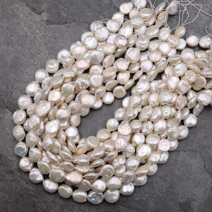 Natural White Coin Pearl 12mm Iridescent Real Genuine Freshwater Pearls 15.5" Strand