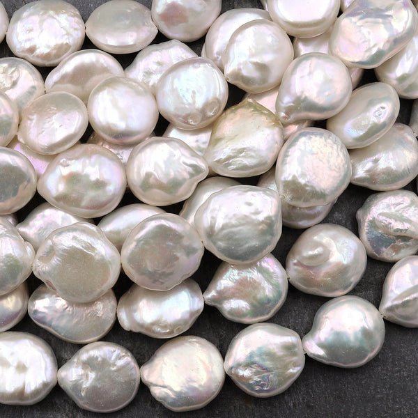 Natural White Coin Pearl 12mm Iridescent Real Genuine Freshwater Pearls 15.5" Strand