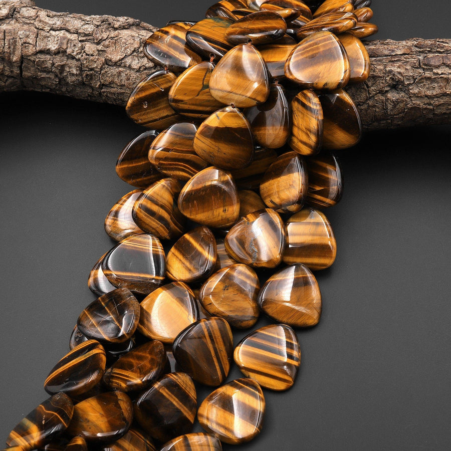 AAA Large Natural Tiger's Eye Smooth Triangle Center Drilled Beads Amazing Chatoyant Swirls 15.5" Strand