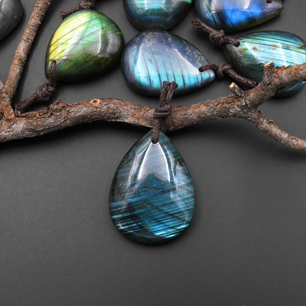 AAA Natural Rainbow Labradorite Teardrop W/ Stripes Front Drilled Pendant A5