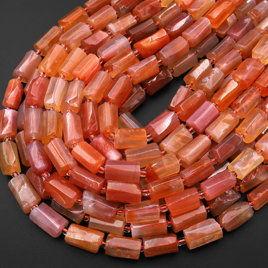 Natural Red Orange Botswana Agate Faceted Tube Cylinder Beads 15.5" Strand