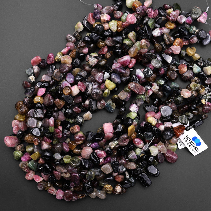 Side Drilled Natural Pink Green Tourmaline Freeform Rounded Pebble Nugget Beads 15.5" Strand