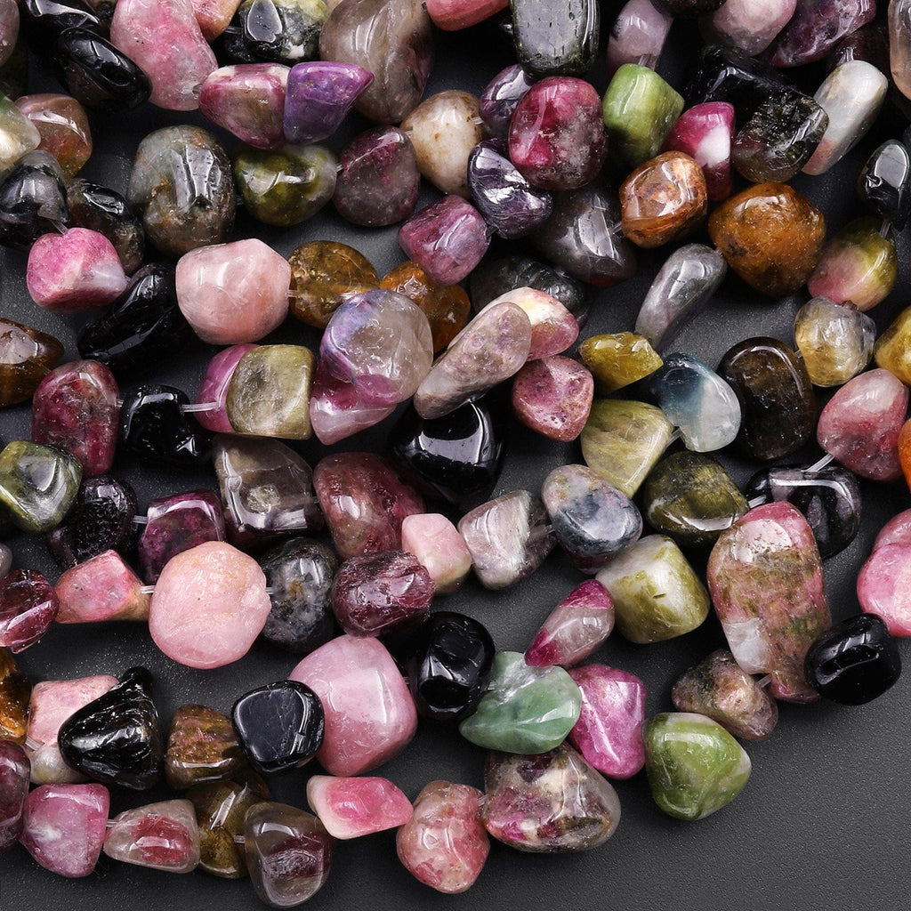 Side Drilled Natural Pink Green Tourmaline Freeform Rounded Pebble Nugget Beads 15.5" Strand