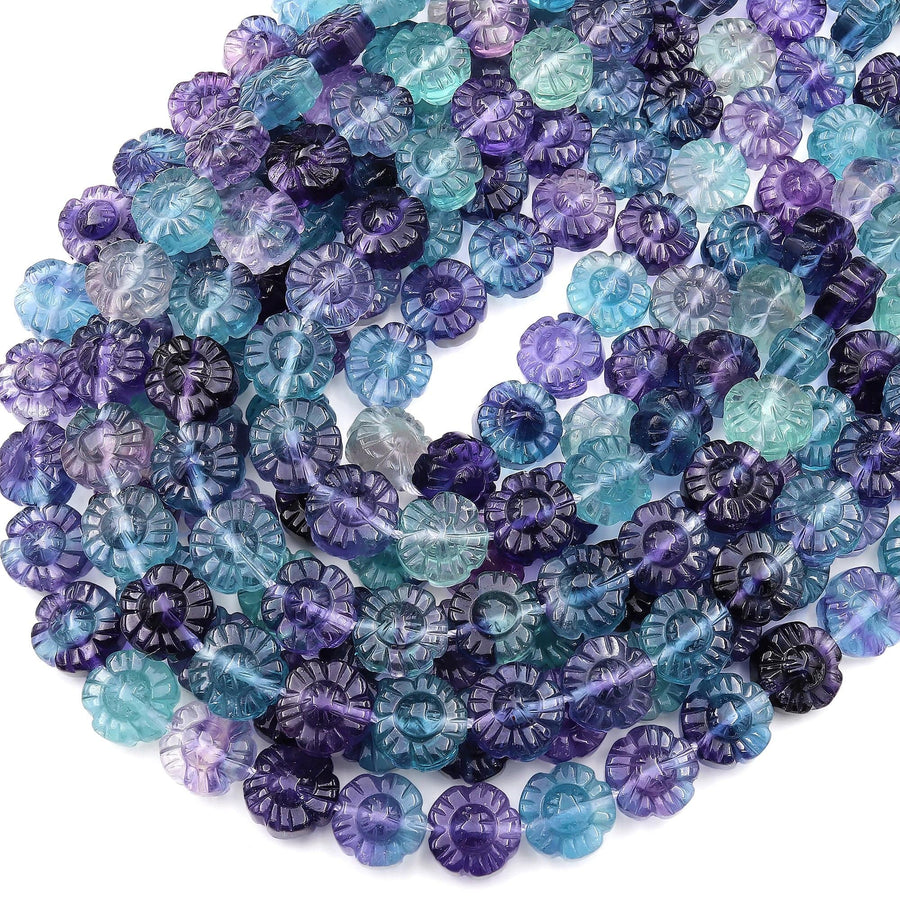Natural Green Purple Fluorite Carved Sunflower Beads 12mm 3D Gemstone