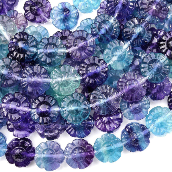 Natural Green Purple Fluorite Carved Sunflower Beads 12mm 3D Gemstone