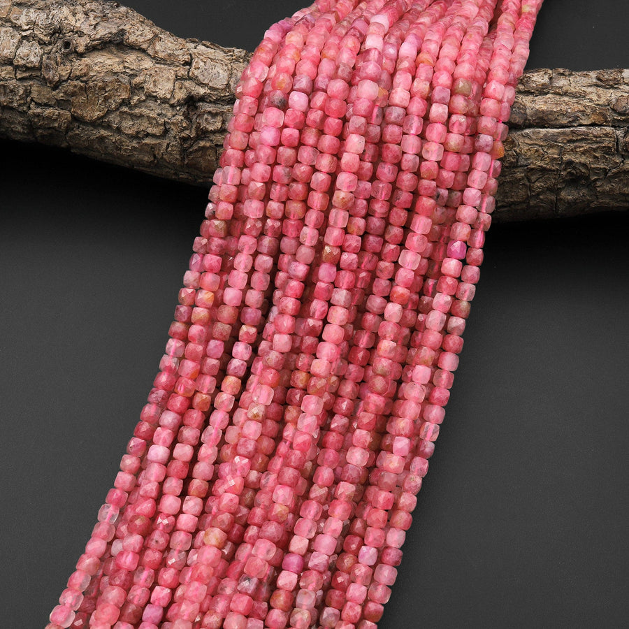 AAA Faceted Natural Pink Thulite 4mm Cube Beads Diamond Cut Gemstone From Norway 15.5" Strand