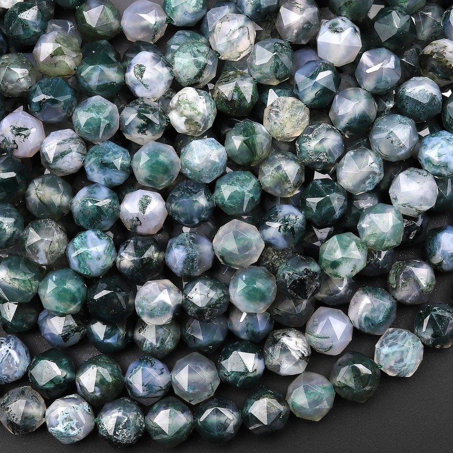 AAA Faceted Natural Green Moss Agate 8mm Round Beads Double Hearted Star Cut Gemstone 15.5" Strand