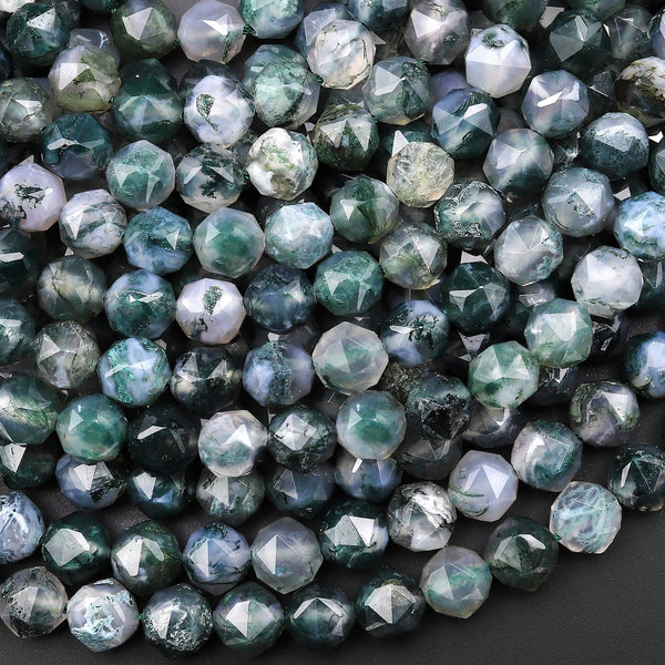 AAA Faceted Natural Green Moss Agate 8mm Round Beads Double Hearted Star Cut Gemstone 15.5" Strand