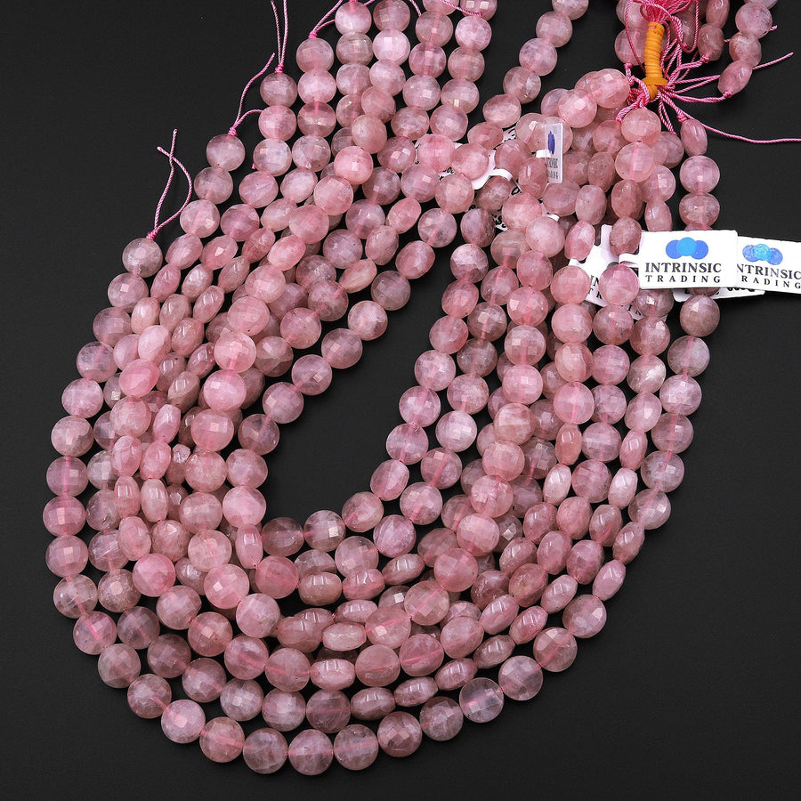 Icy Translucent Faceted Madagascar Mauve Pink Rose Quartz 10mm Coin Beads 15.5" Strand