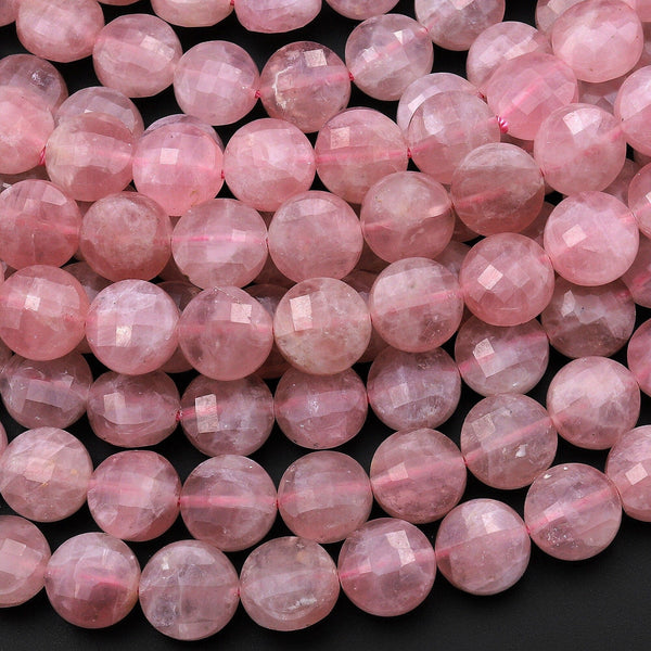 Icy Translucent Faceted Madagascar Mauve Pink Rose Quartz 10mm Coin Beads 15.5" Strand