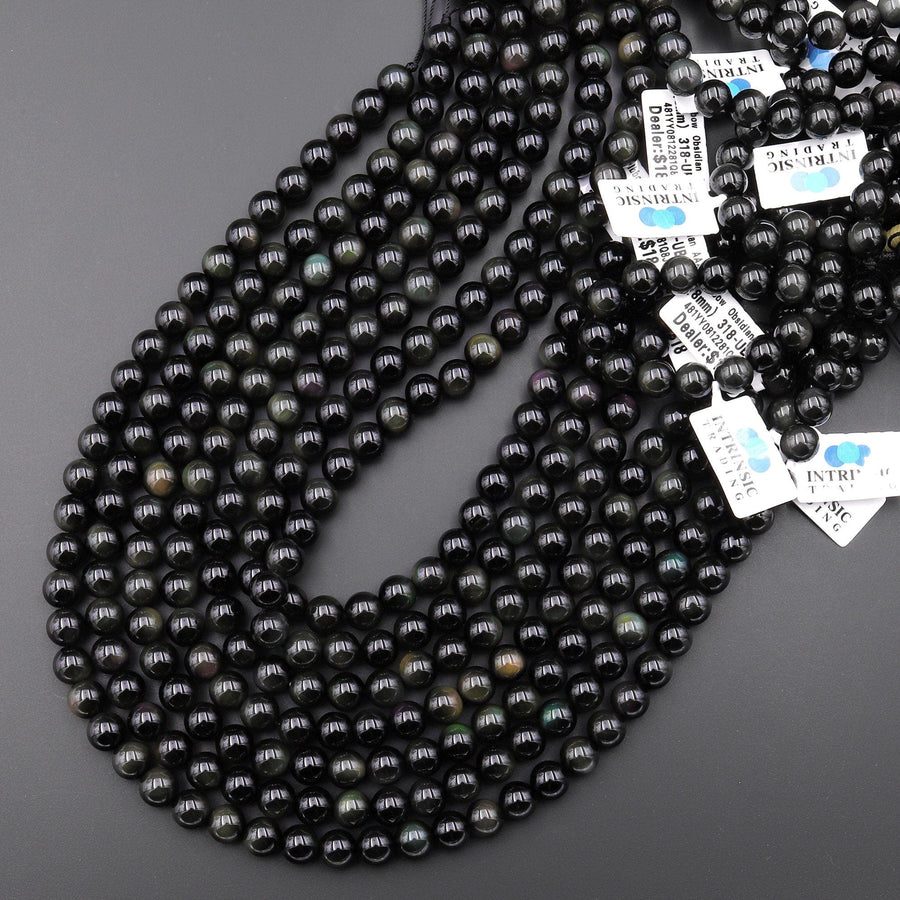 AAA Natural Rainbow Black Obsidian 6mm 8mm 10mm 12mm Round Beads 15.5" Strand