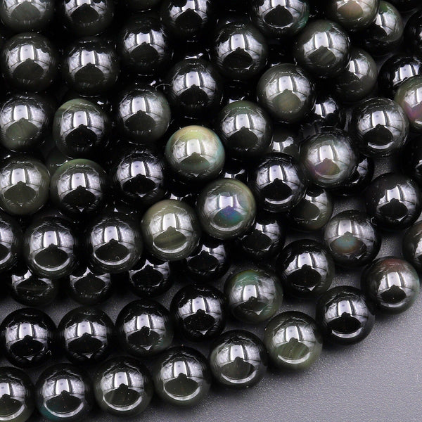AAA Natural Rainbow Black Obsidian 6mm 8mm 10mm 12mm Round Beads 15.5" Strand