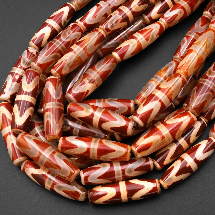 Large Tibetan Agate Barrel Drum Cylinder Tube 38mm Beads Dzi Agate Burnt Red Orange Antique Boho Beads 15.5" Strand
