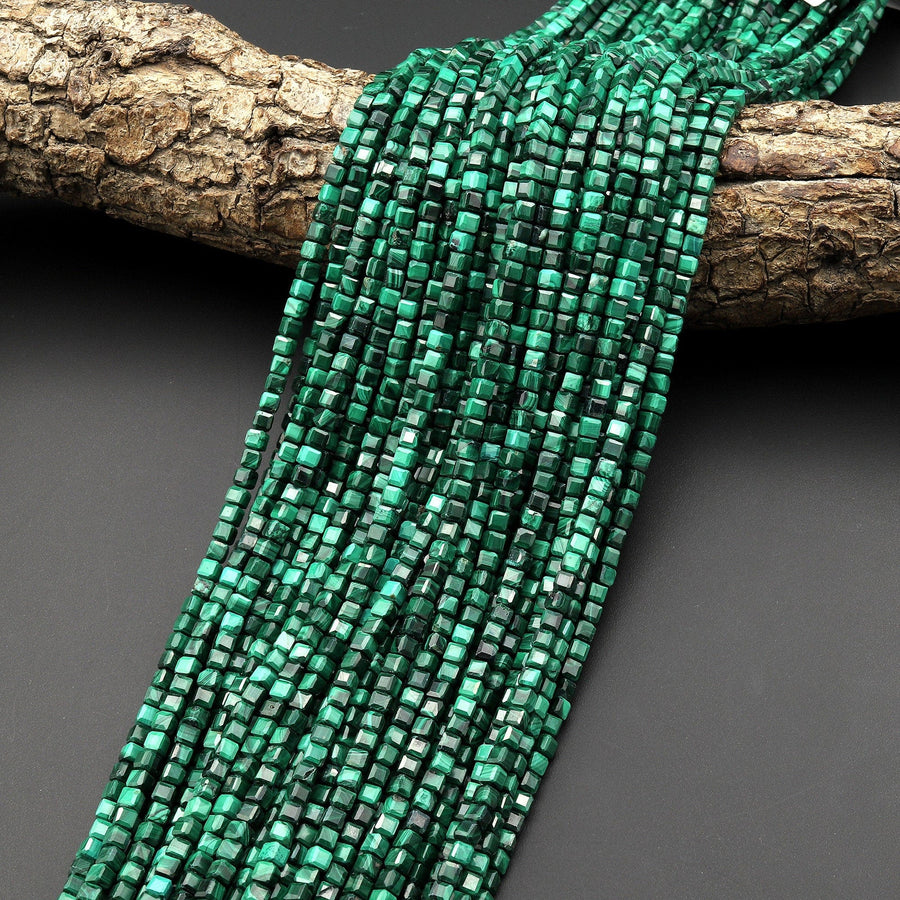 Natural Malachite Faceted 3mm Cube Beads Laser Table Cut Gemstone 15.5" Strand