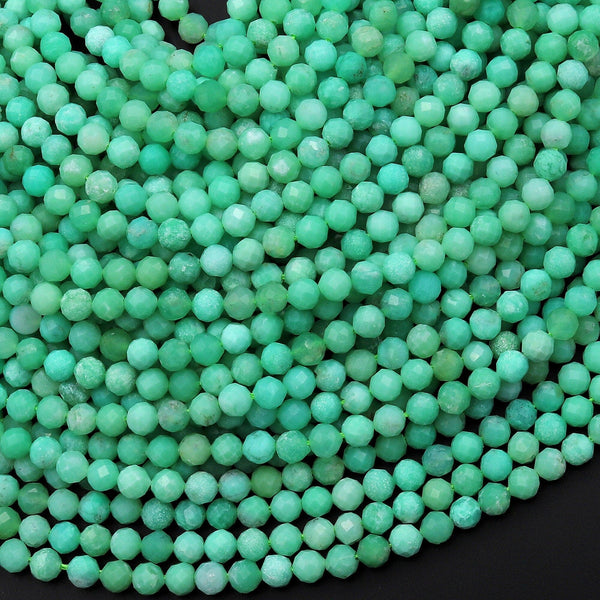 AAA Faceted Natural Green Chrysoprase Round 4mm Beads Diamond Cut Gemstone Beads 15.5" Strand