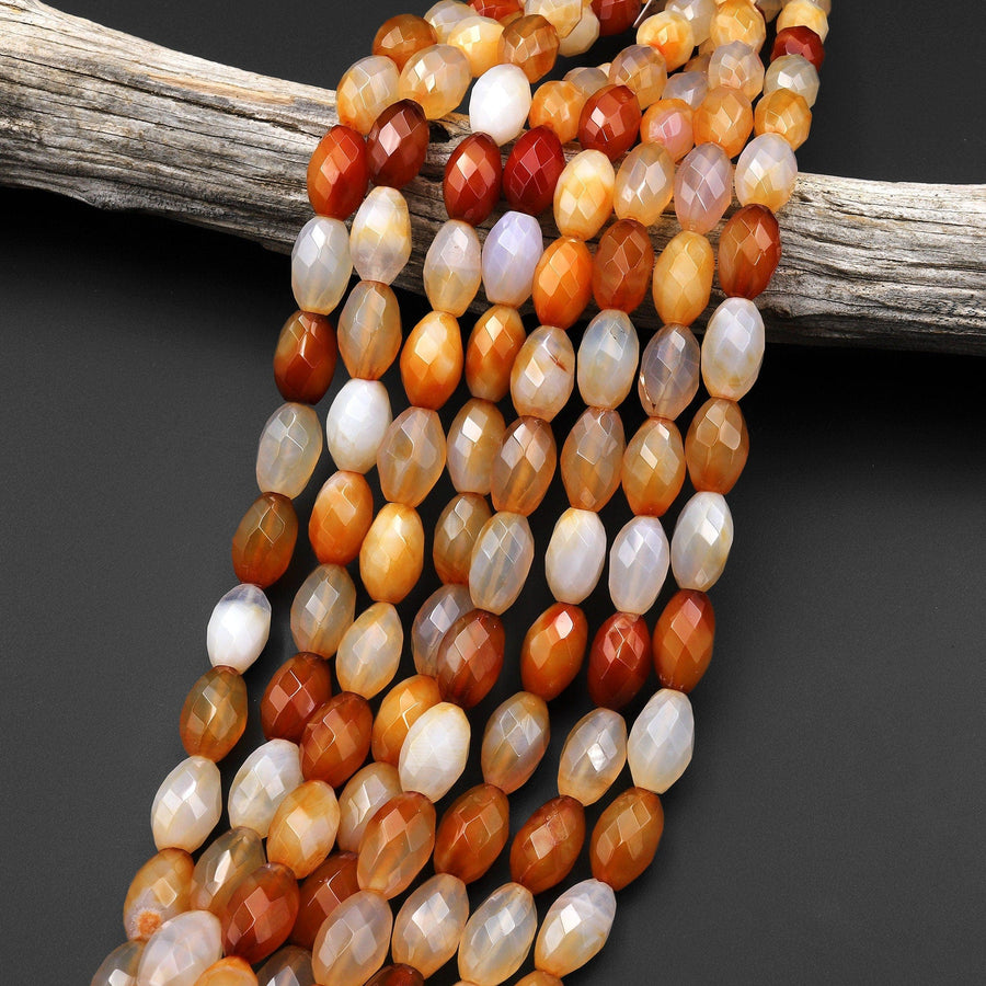 Natural Carnelian Faceted Oval Drum Barrel Beads 15.5" Strand