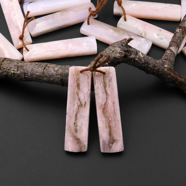 Natural Peruvian Pink Opal Earring Pair Rectangle Drilled Matched Gemstone Beads A5