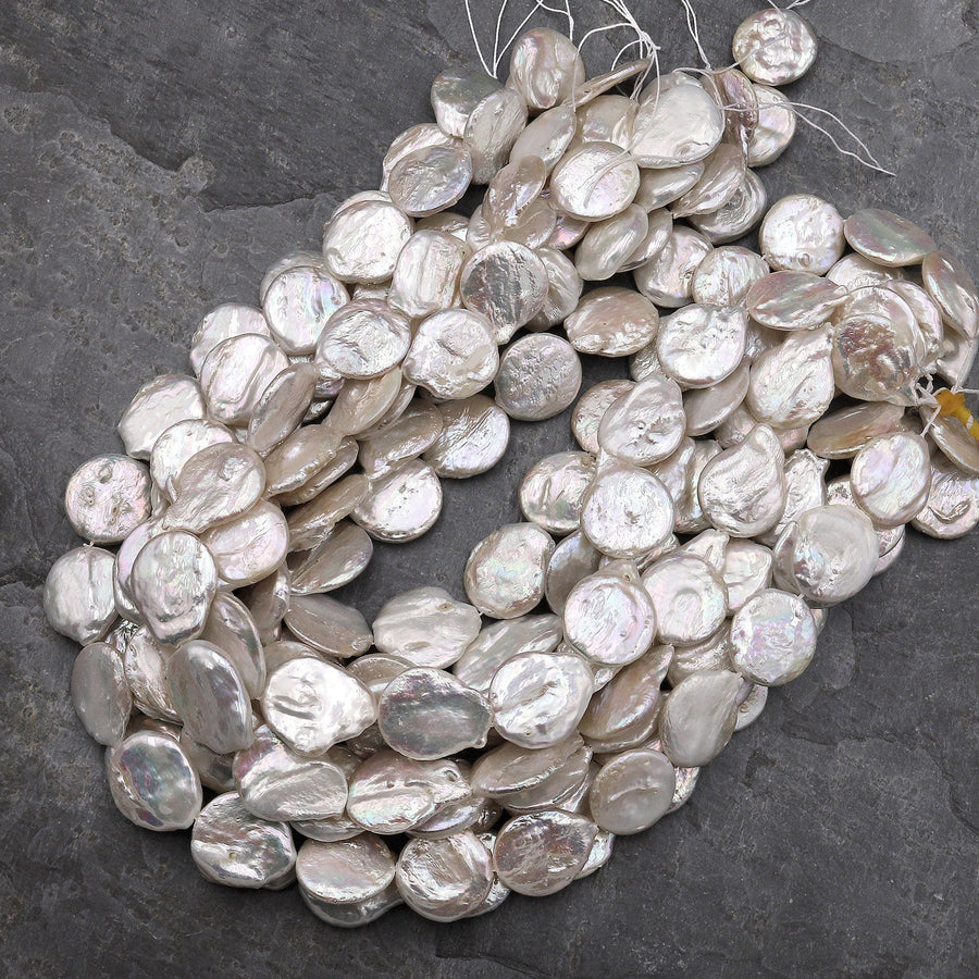 Large Natural White Coin Pearl Iridescent 18mm 15.5" Strand