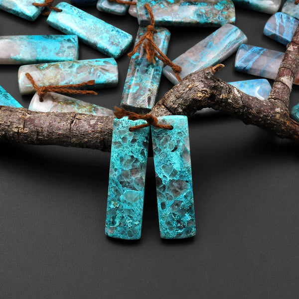 Natural Chrysocolla in Quartz Rectangle Earring Pair Matched Gemstone Beads A2