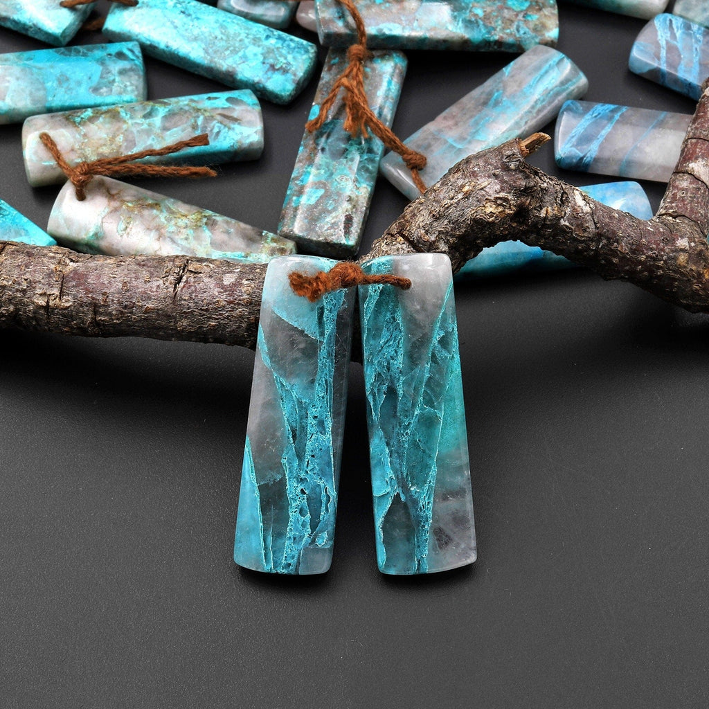 Natural Chrysocolla in Quartz Rectangle Earring Pair Matched Gemstone Beads A4